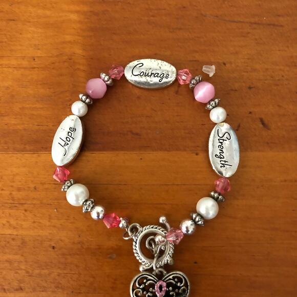 Pink Ribbon Hope Strength Courage Charms Sterling Silver Plated Bracelet - Picture 4 of 6